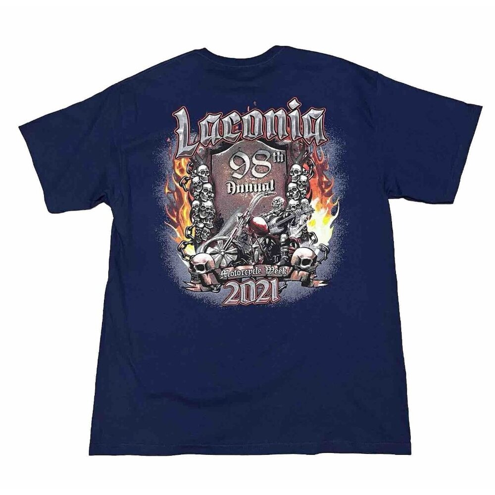 Laconia 98th New Hampshire Motorcycle Bike Week 2021 Blue Shirt Large Tombstone